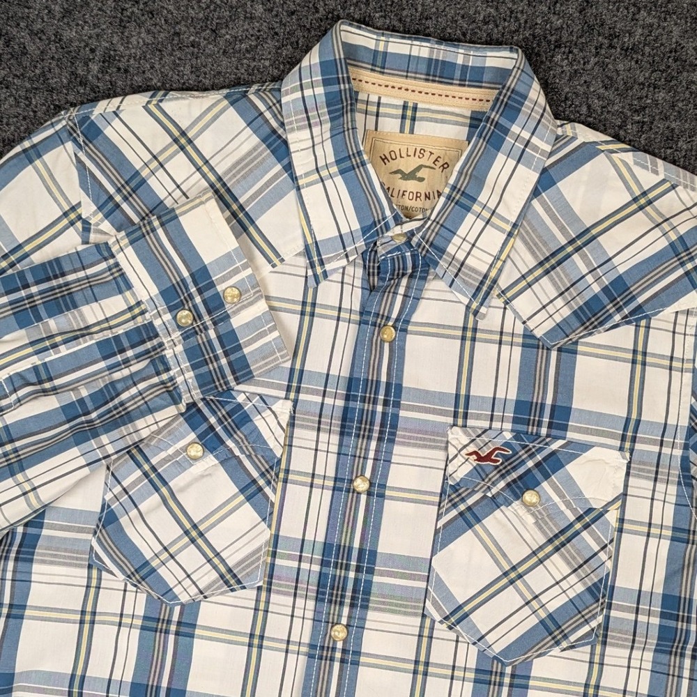 Hollister California Mens XL Blue White Plaid Western Pearl Snap Cotton Shirt